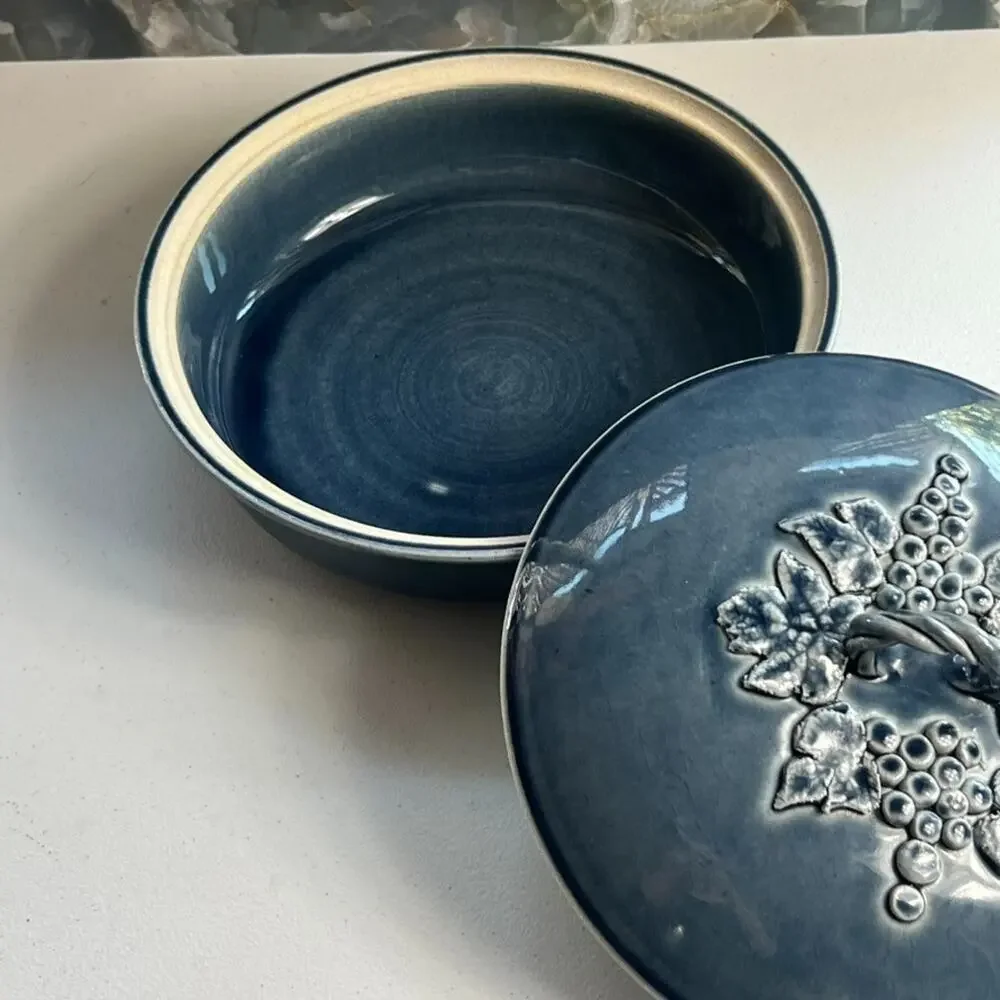 Blue Lidded Pot Casserole Serving Dish Grapes Leaves Handmade & Signed Glazed
